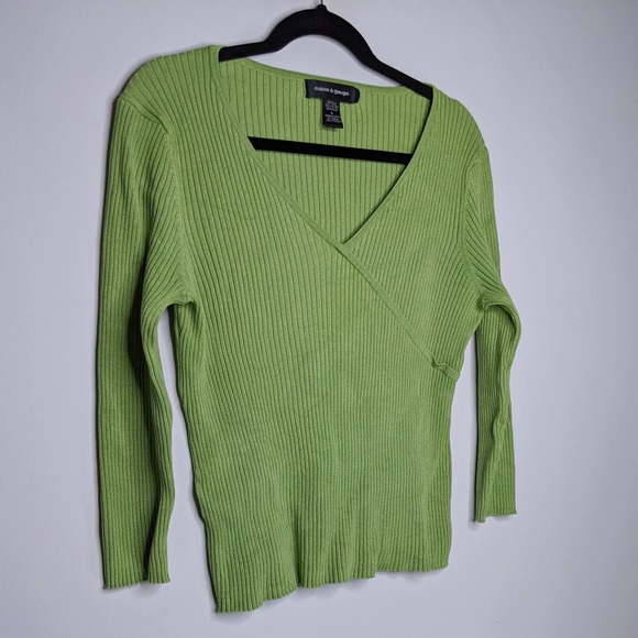 CABLE & GAUGE • Green Ribbed Silk Top Blouse Sz L - Picture 5 of 5